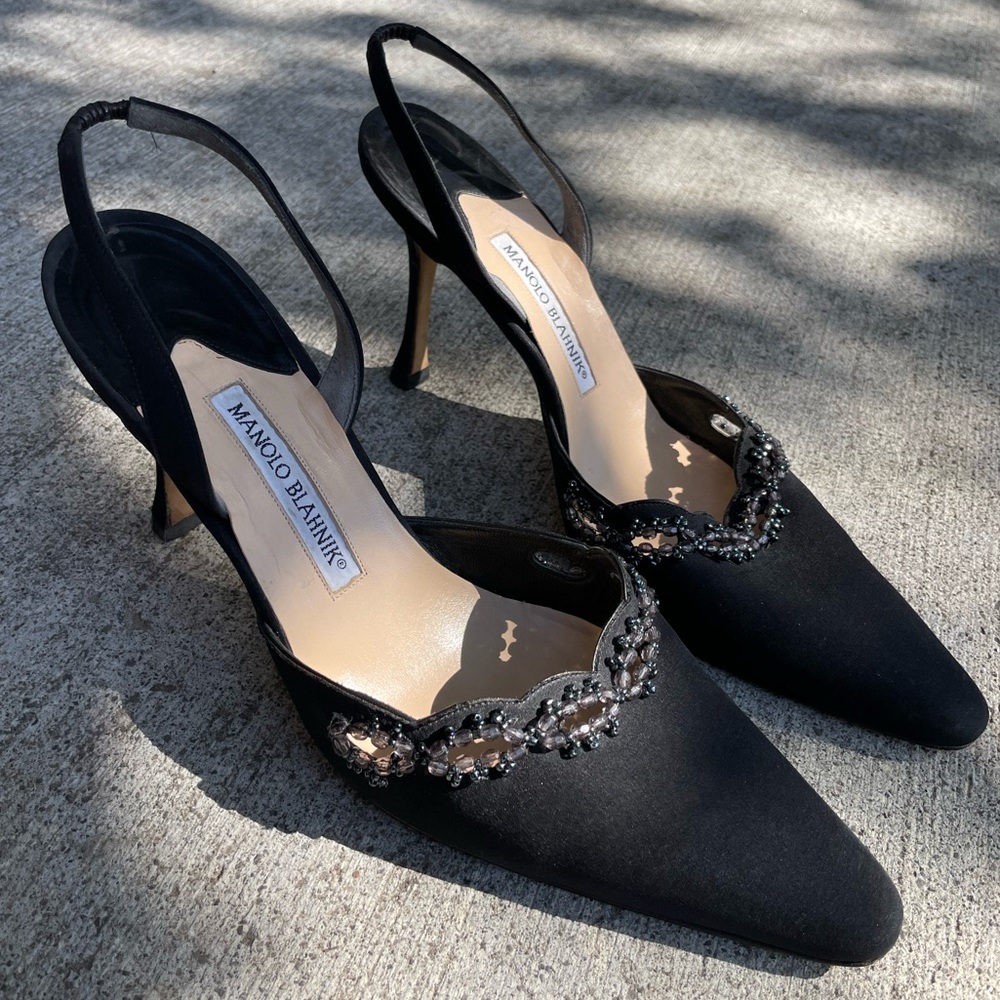 Manolo Blahnik Satin Crystal Embellished Sling Back